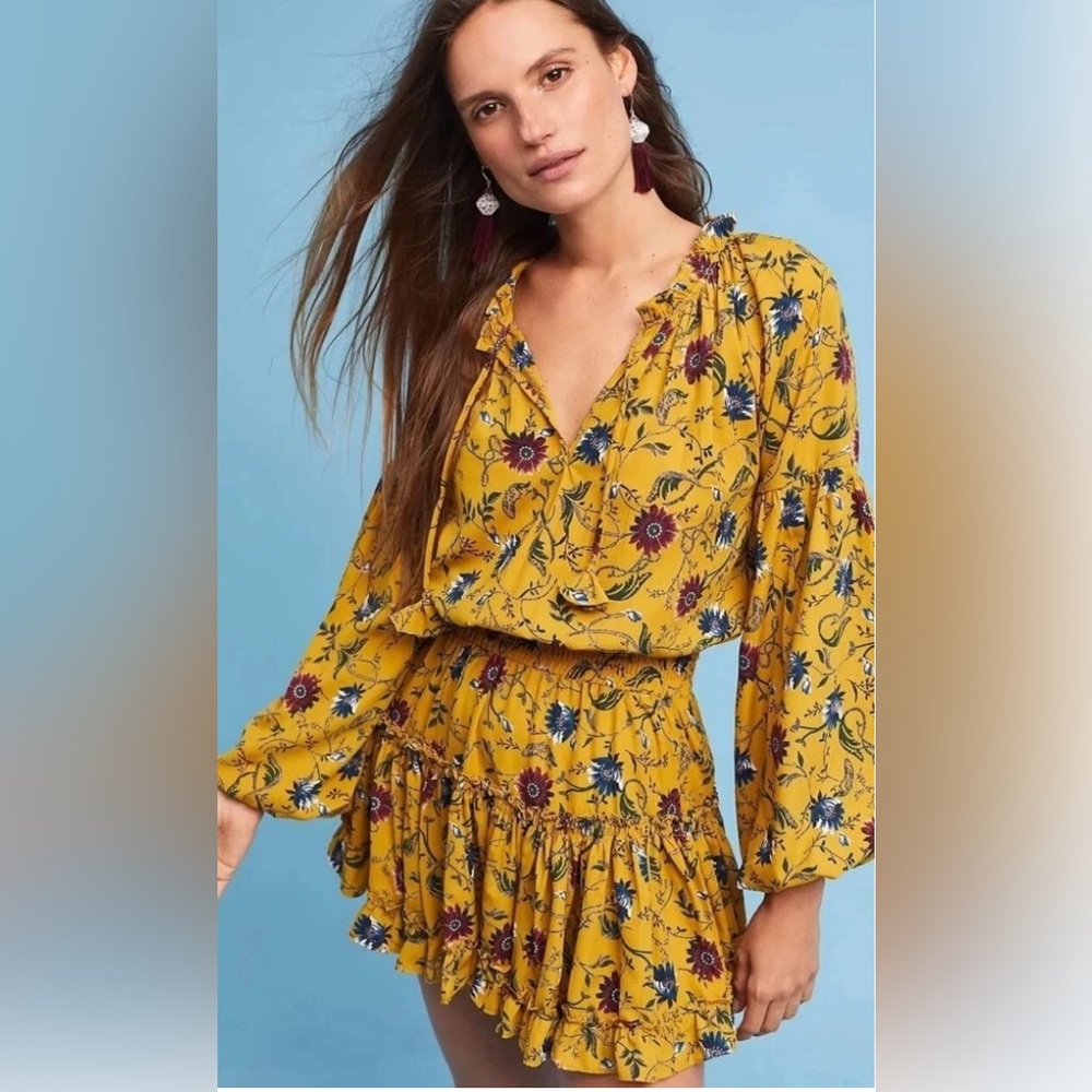 Misa Los Angeles Mustard Floral Ruffle Blouse